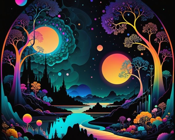 Surreal Nighttime Landscape with Colorful Elements