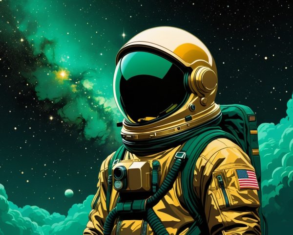 Futuristic Astronaut in Golden Suit Against Galaxies