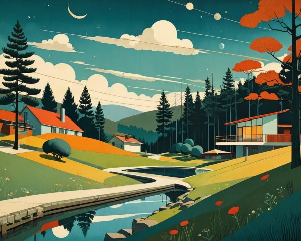 Serene Landscape with Modern and Traditional Architecture