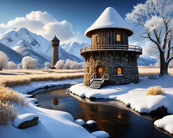 Winter Landscape with Tower House and Snowy Mountains
