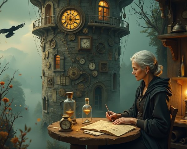 Elderly Woman Writing in Mystical Clocktower Setting