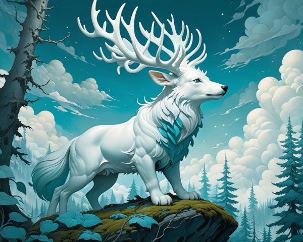 Majestic white stag on rocky outcrop in misty forest