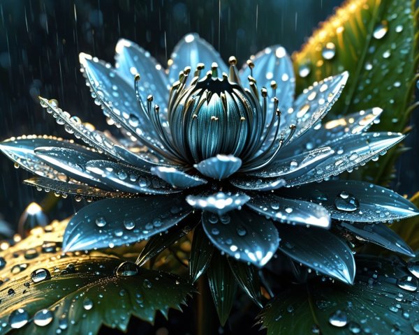 Blue Water Lily with Raindrops in Tranquil Setting