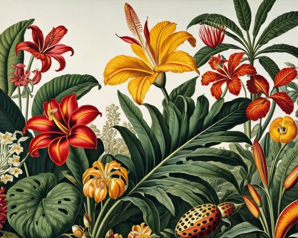 Vibrant Tropical Flora with Exotic Flowers and Leaves