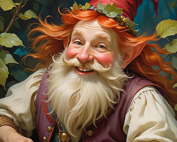 Cheerful gnome in colorful outfit in magical forest