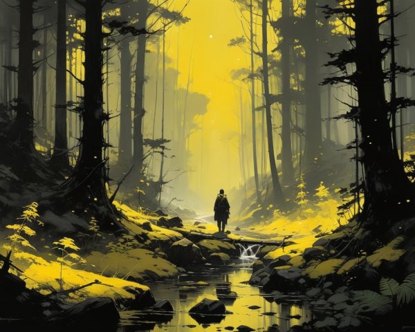 Lone Figure in Serene Forest with Ethereal Light