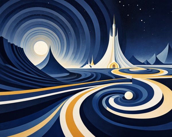 Abstract Landscape with Waves, Mountains, and Tower