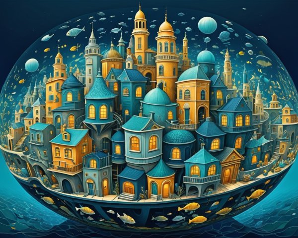 Underwater City with Transparent Dome and Colorful Fish