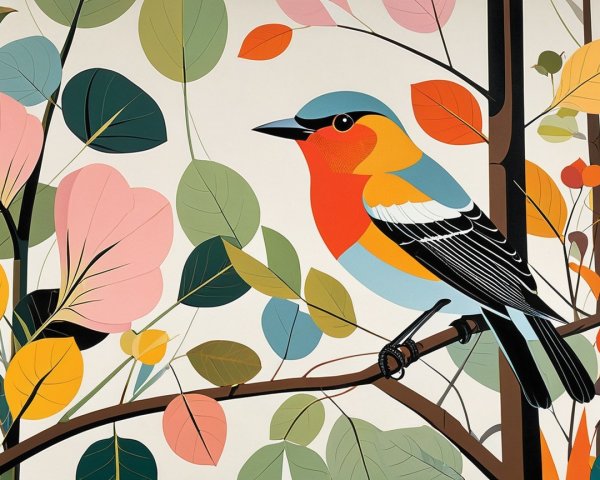 Colorful Bird and Stylized Leaves Illustration
