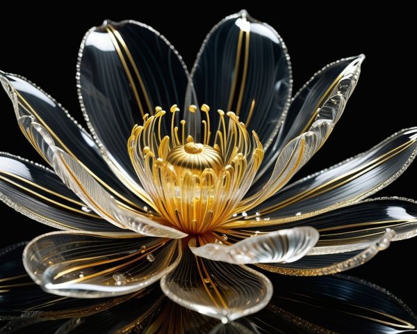 Glass Lotus Flower Sculpture with Gold and Silver Details