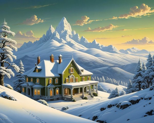 Charming Green Mansion in Serene Winter Landscape