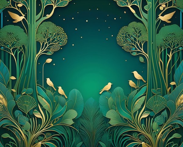 Vibrant Illustration of Lush Foliage and Birds