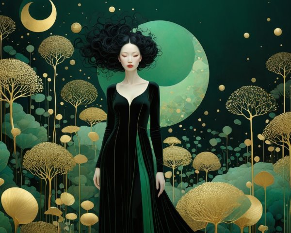 Serene woman in black dress among whimsical trees