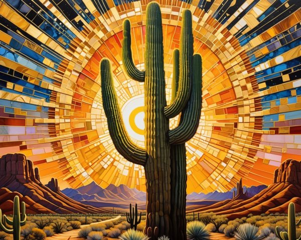 Vibrant Desert Scene with Saguaro Cactus and Sunrise
