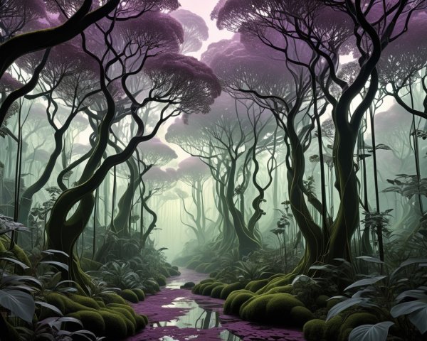 Fantastical forest with purple foliage and misty creek