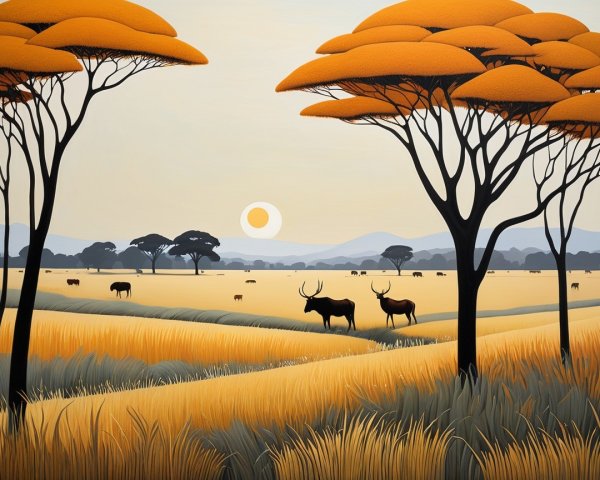 Serene Landscape with Golden Fields and Sunset Glow