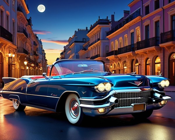 Vintage Blue Convertible on Illuminated Twilight Street