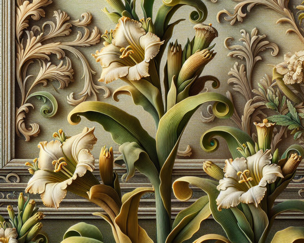 Intricate Floral Design with Detailed Lilies and Scrollwork