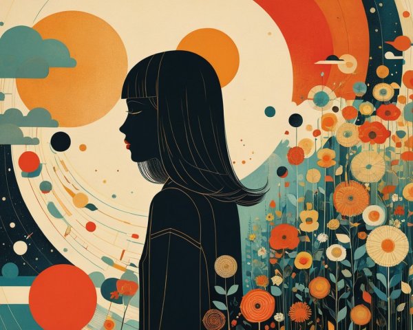 Silhouette of a woman with vibrant floral backdrop