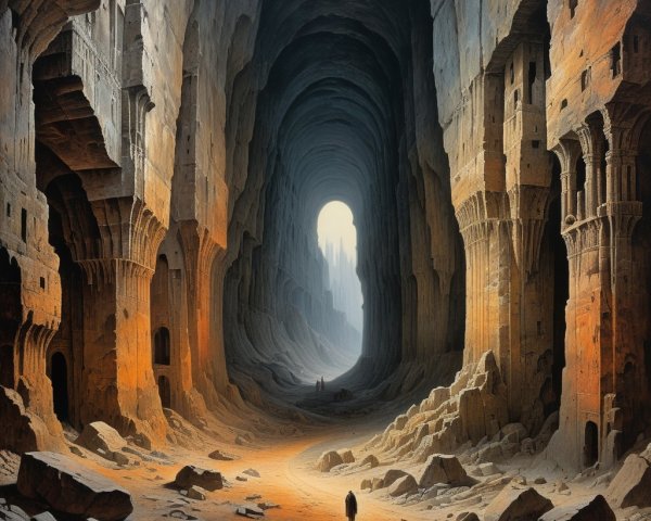 Ancient cave system with intricate carvings and glow