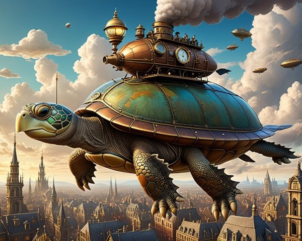 Giant Turtle Over Steampunk City with Airships
