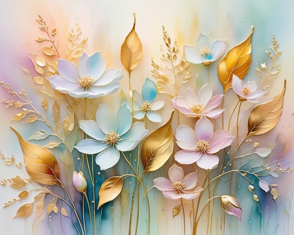 Pastel Flower Artwork with Gold Accents and Soft Colors