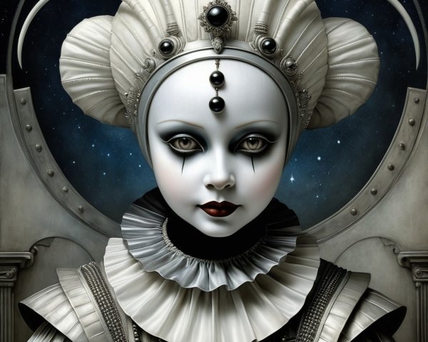 Surreal Doll-Like Figure with Cosmic Background