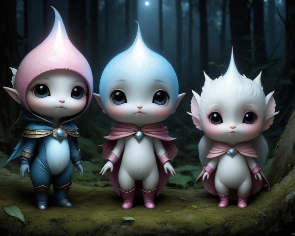 Whimsical Characters in a Misty Forest Setting