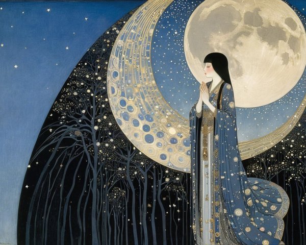 Serene figure in blue robe under a full moon
