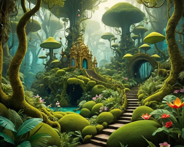 Mystical Jungle with Golden Temple and Vibrant Flora