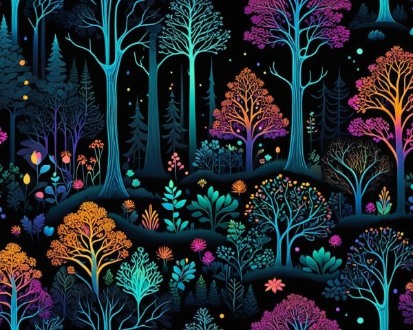 Vibrant Whimsical Forest Scene with Bright Colors