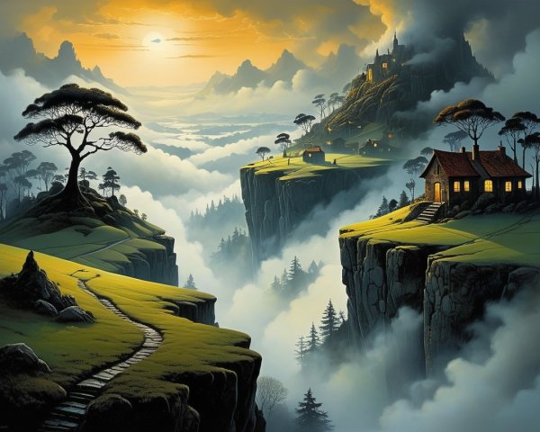 Twilight Landscape with Cliffs, Cottage, and Castle