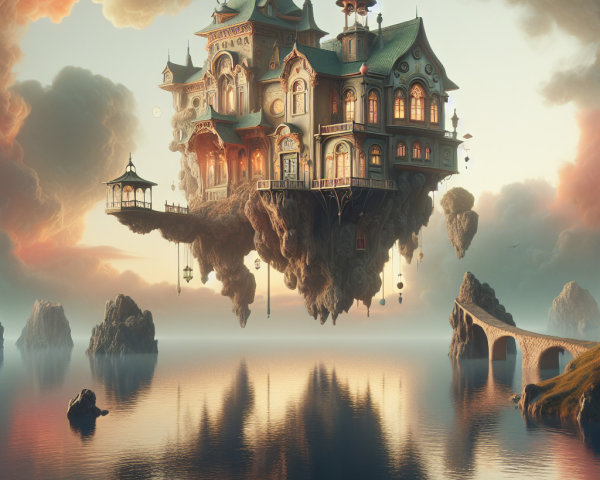 Floating House on Rock Island Surrounded by Clouds