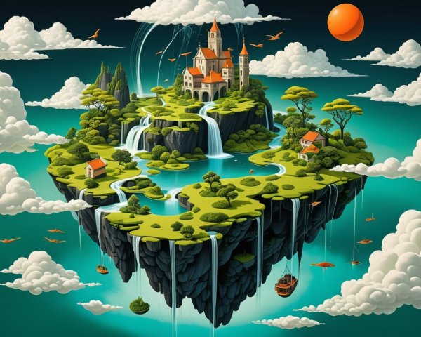 Whimsical Landscape with Floating Islands and Castle