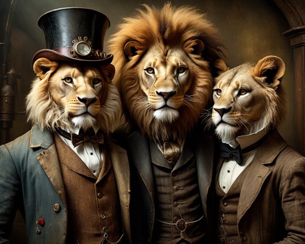 Anthropomorphic lions in Victorian-era attire