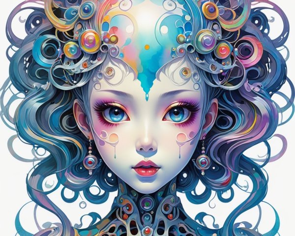 Fantastical Character with Blue Eyes and Colorful Hair