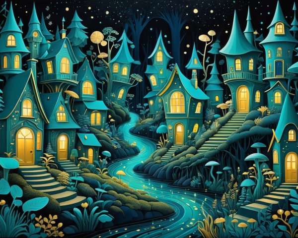Charming Village Night Scene with Fairy-Tale Houses