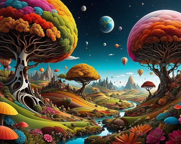 Vibrant Fantasy Landscape with Whimsical Elements