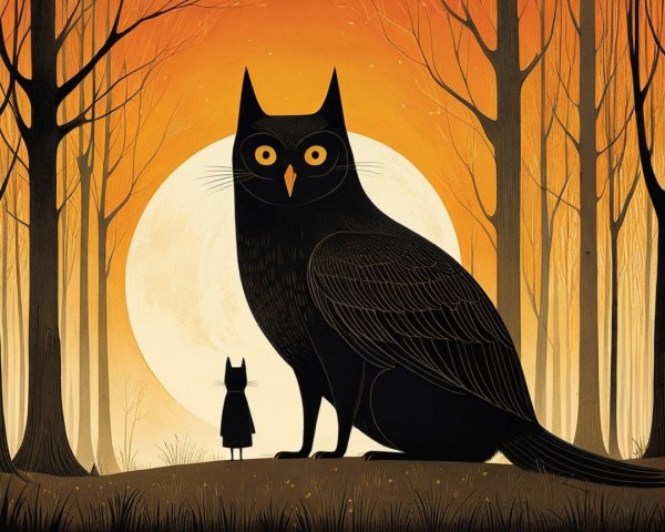 Whimsical forest scene with owl and cat at dusk