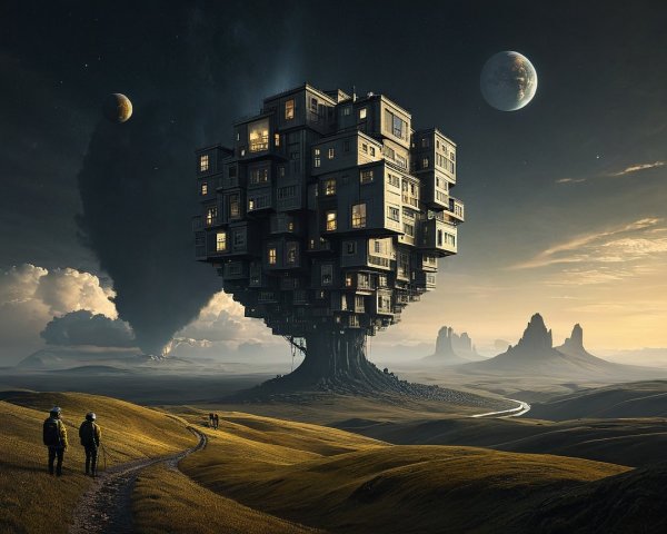 Surreal Landscape with Towering Tree and Alien Mountains