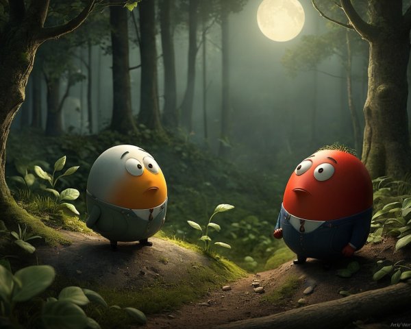 Animated Characters in a Misty Forest at Night
