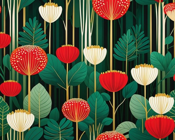 Oversized Red and White Floral Pattern on Green Background