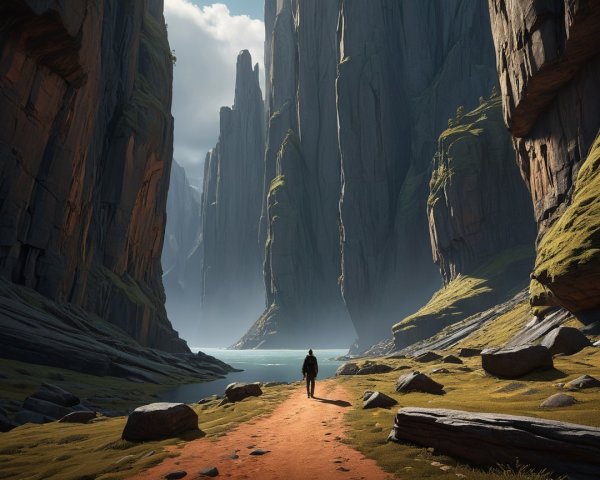 Lone Figure Walking Through Dramatic Canyon Landscape
