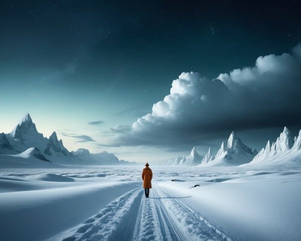 Lone Figure on Snowy Path in Dramatic Winter Landscape