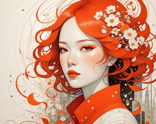 Portrait of a Young Woman with Red Hair and Flowers
