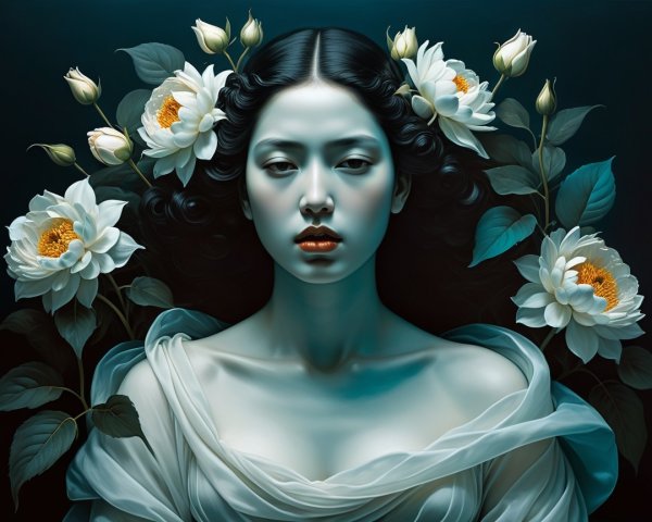 Serene Portrait of Woman with Black Hair and Flowers