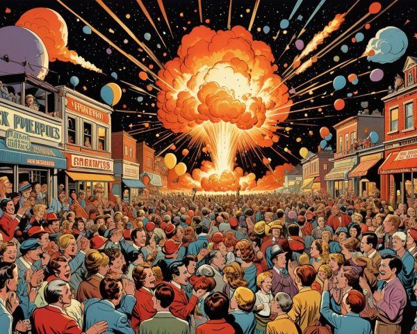 Vibrant Fireworks Display in a Bustling Town Square