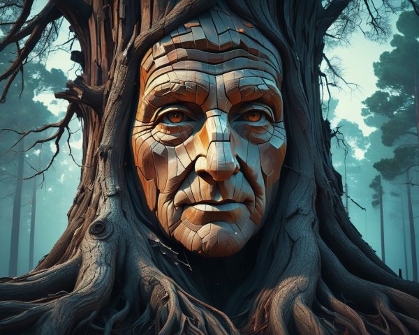 Wooden Face Carved in Tree Trunk in Misty Forest