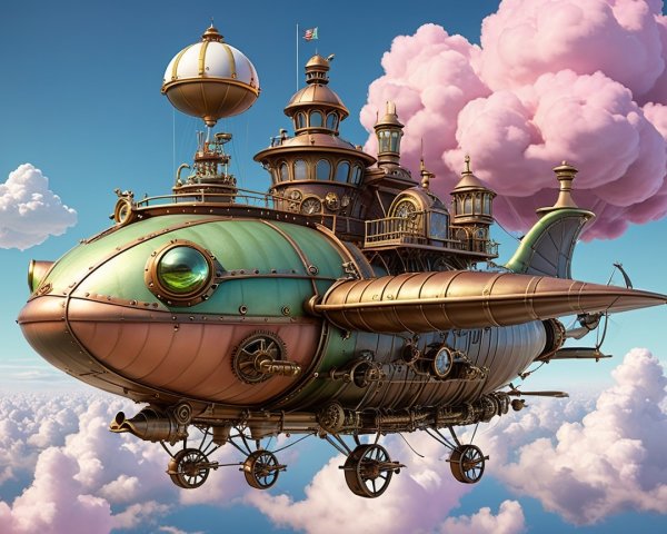 Whimsical Steampunk Airship in Pink Cloud Sky