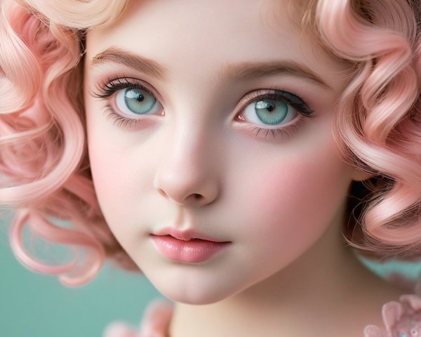 Portrait of a young girl with blue eyes and pink curls